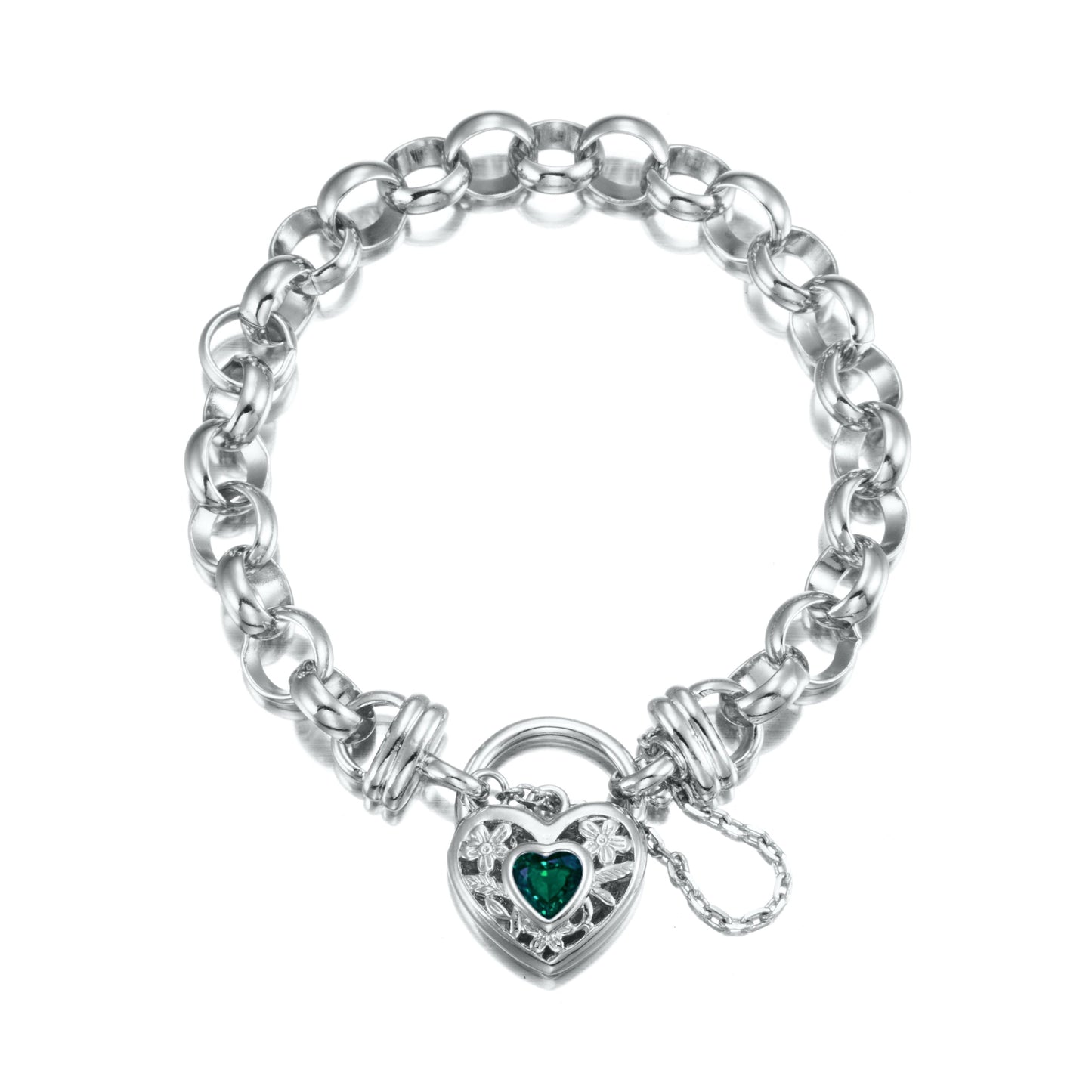 925 Sterling Silver Plated 10mm Belcher Chain Bracelet with a Green Filigree Locket - USA Made-0