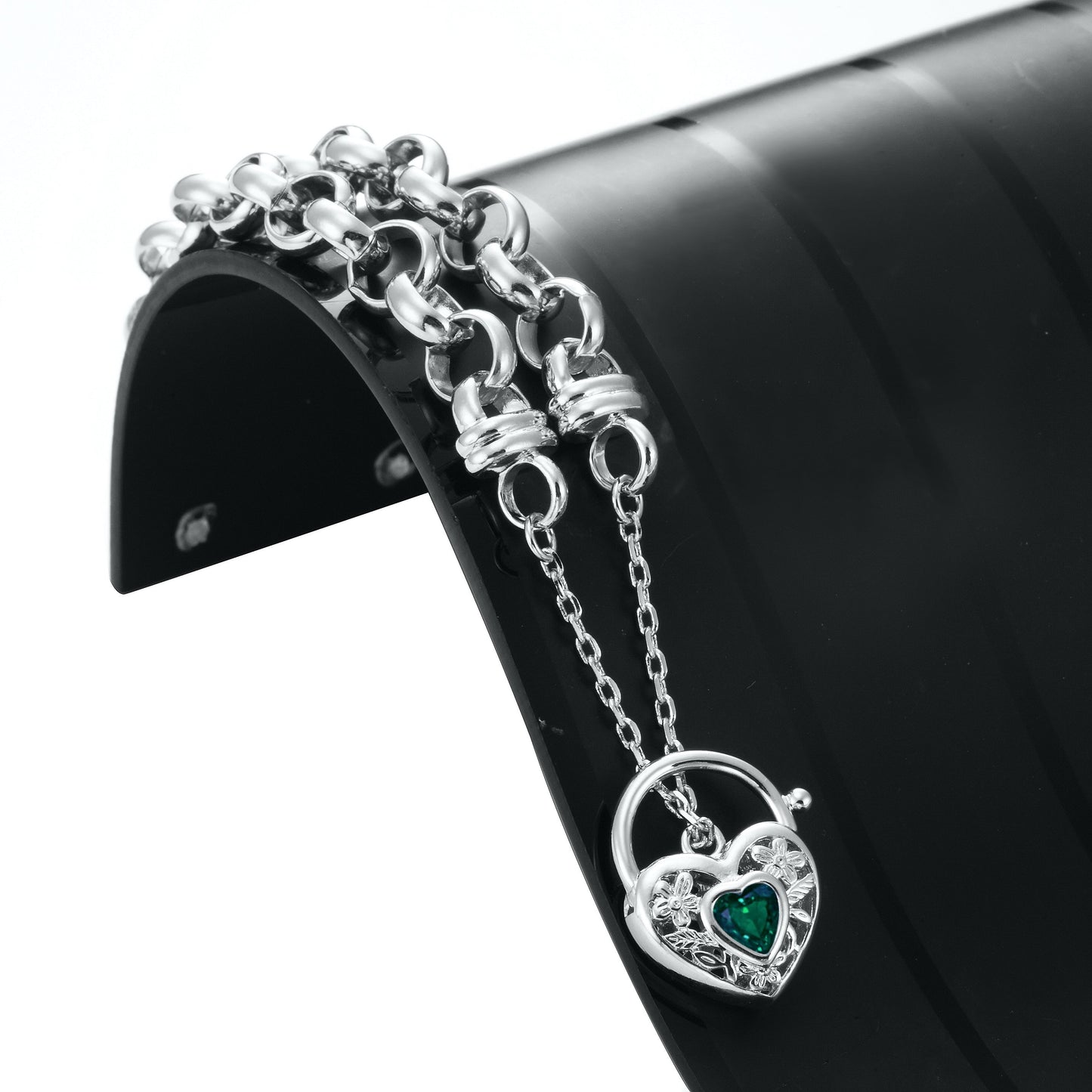 925 Sterling Silver Plated 10mm Belcher Chain Bracelet with a Green Filigree Locket - USA Made-2