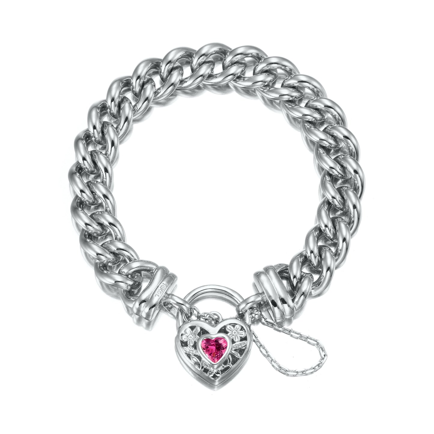 925 Sterling Silver Plated 12mm Euro Curb Chain Bracelet with a Pink Filigree Locket - USA Made-0