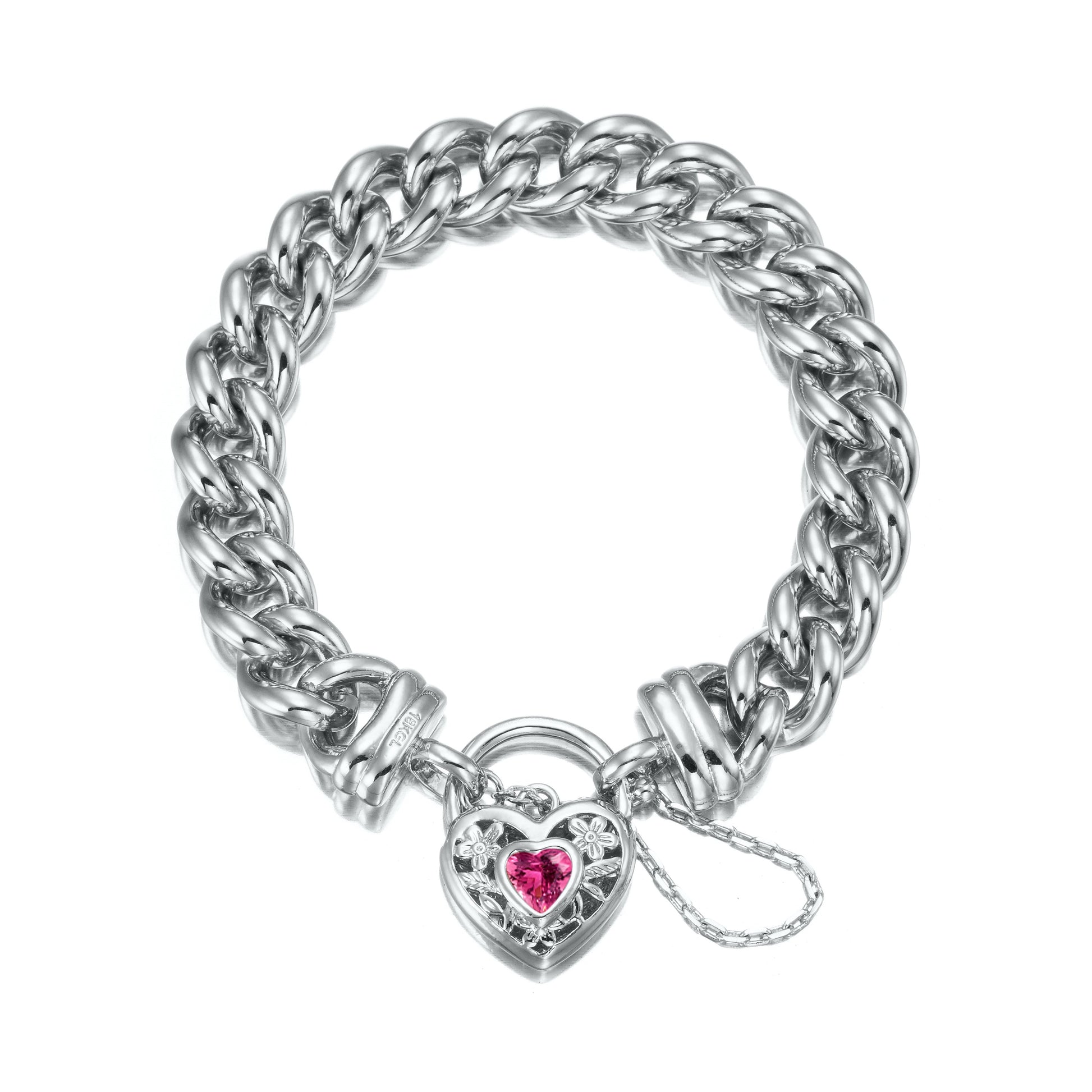 925 Sterling Silver Plated 12mm Euro Curb Chain Bracelet with a Pink Filigree Locket - USA Made-0
