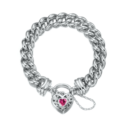 925 Sterling Silver Plated 12mm Euro Curb Chain Bracelet with a Pink Filigree Locket - USA Made-0