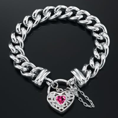 925 Sterling Silver Plated 12mm Euro Curb Chain Bracelet with a Pink Filigree Locket - USA Made-2