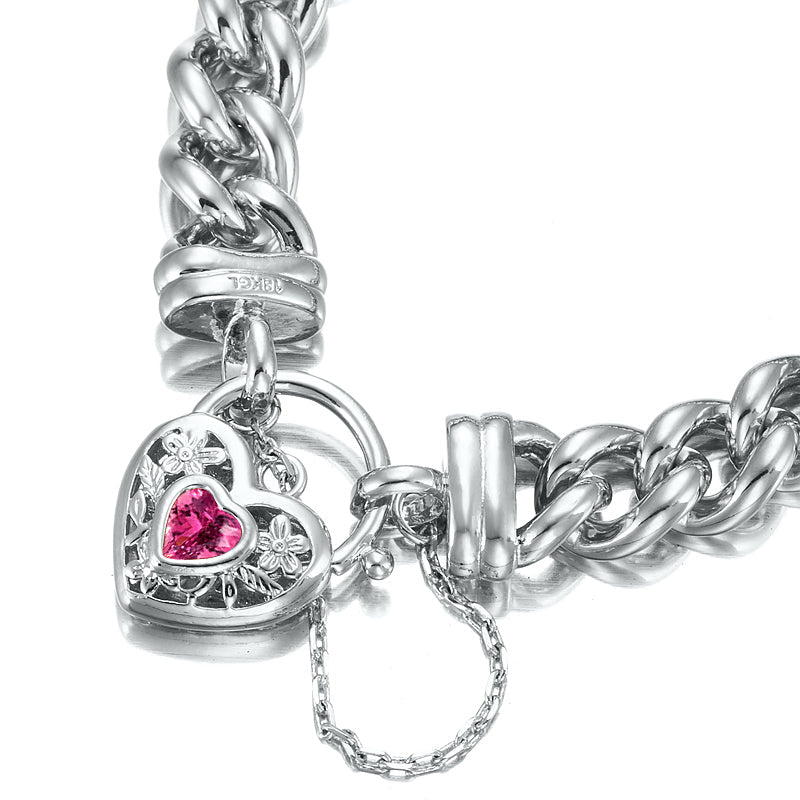 925 Sterling Silver Plated 12mm Euro Curb Chain Bracelet with a Pink Filigree Locket - USA Made-3